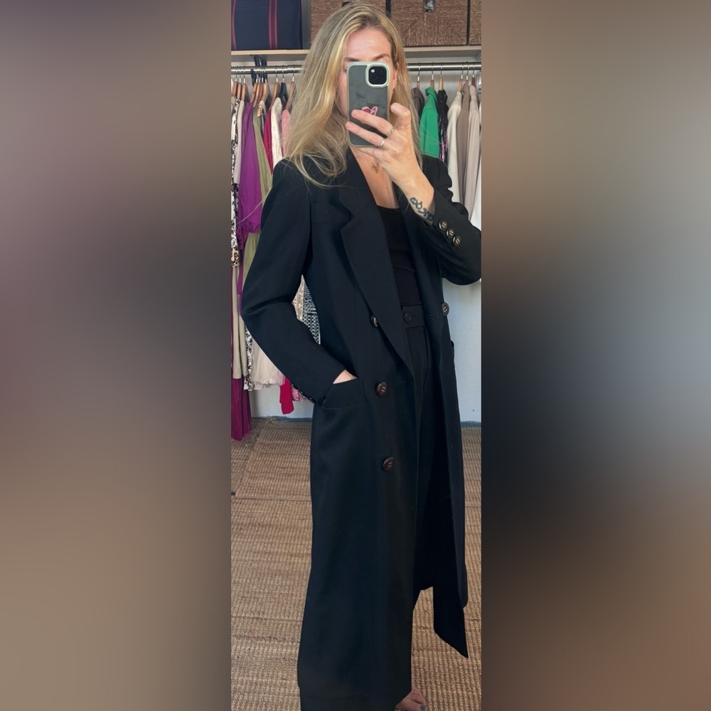Vintage Louis Feraud Double Breasted Lightweight Wool Black Trench Coat Jacket - Picture 4 of 15